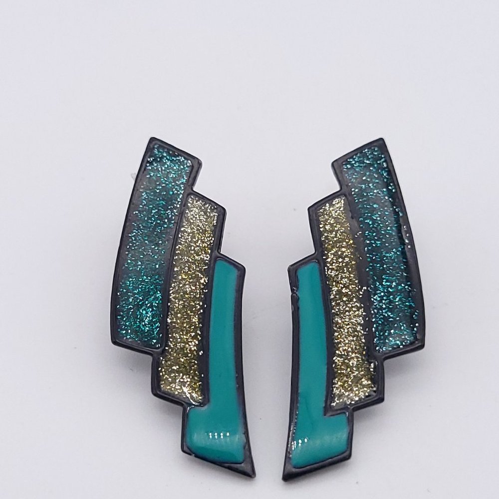 80s Panel Blue & Silver Glitter Enamel Earrings